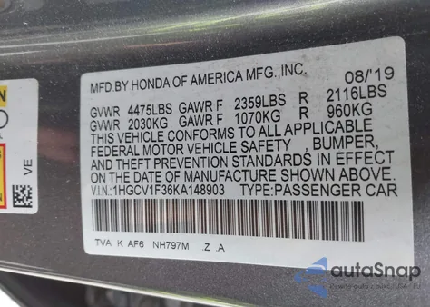 2019 Honda Accord Sport из США, поврежденный, VIN 1HGCV1F36KA148903